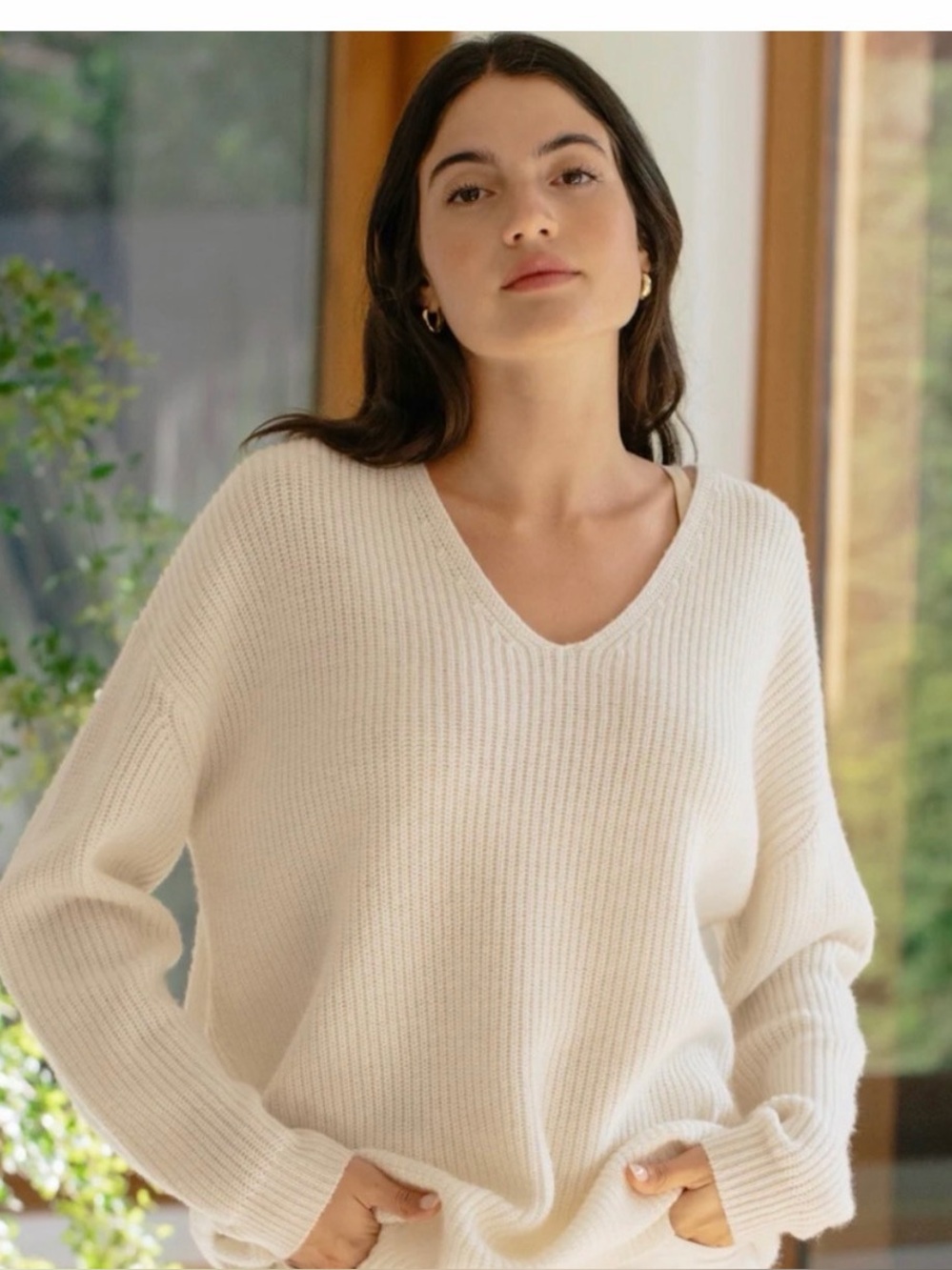 Jenni Layne Cream cabin V-Neck Ribbed Sweater